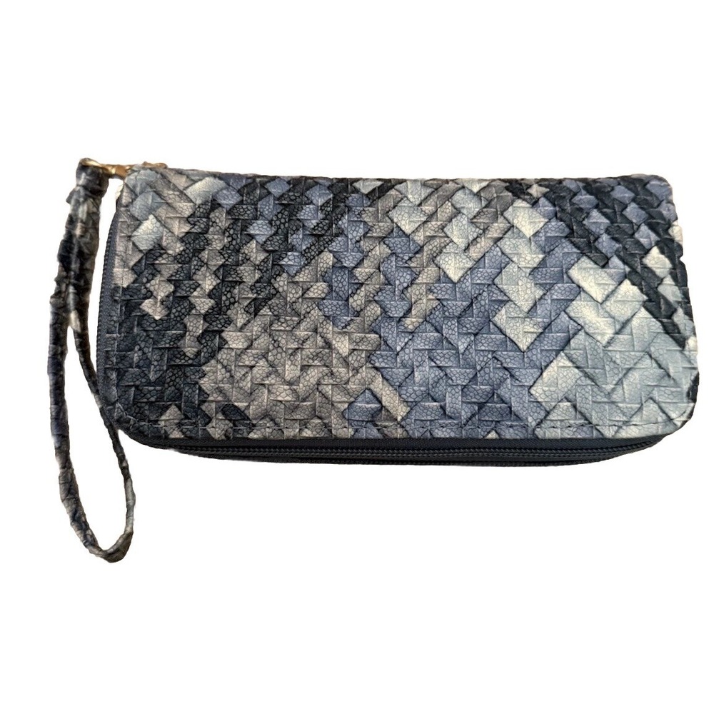 Double Zipper Faux Woven Wallet Blue Coin/Card Case